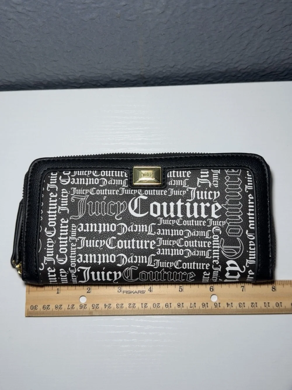 Juicy Couture Black Wallet with White Logo Print and Gold Accent